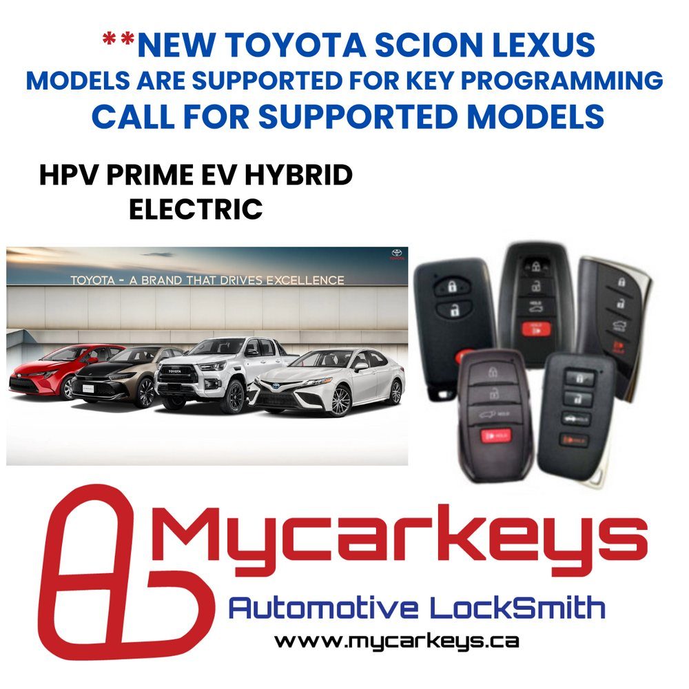 Original My Car Keys Canada banner: New Toyota, Scion and Lexus models supported for key programming, showing Toyota vehicles and smart keys