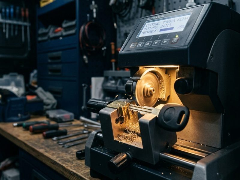 Laser key-cutting machine cutting a car key in the Windsor workshop